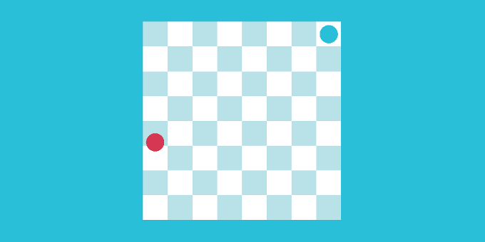 Checkerboard in which one piece is at one end and the other in between two squares.