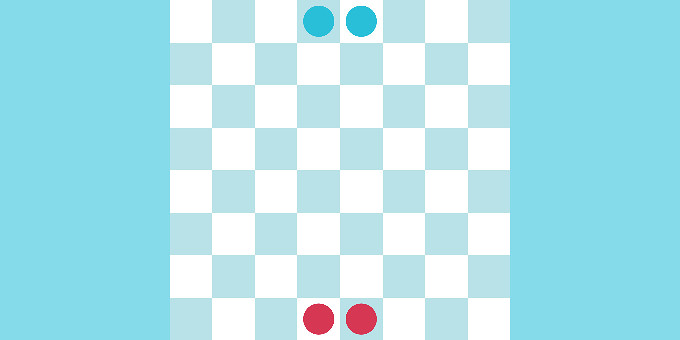 A checkerboard with pieces of the respective teams at each end with a blue background.