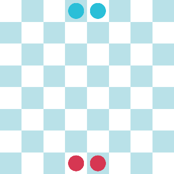 A checkerboard with pieces of the respective teams at each end
