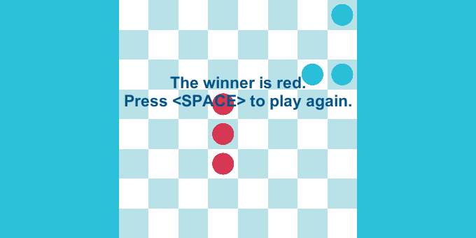The checkerboard with blue and red checkers, you can see a message on the screen mentioning that the winners are the reds.