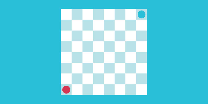 A checkerboard with one piece from both teams at each end